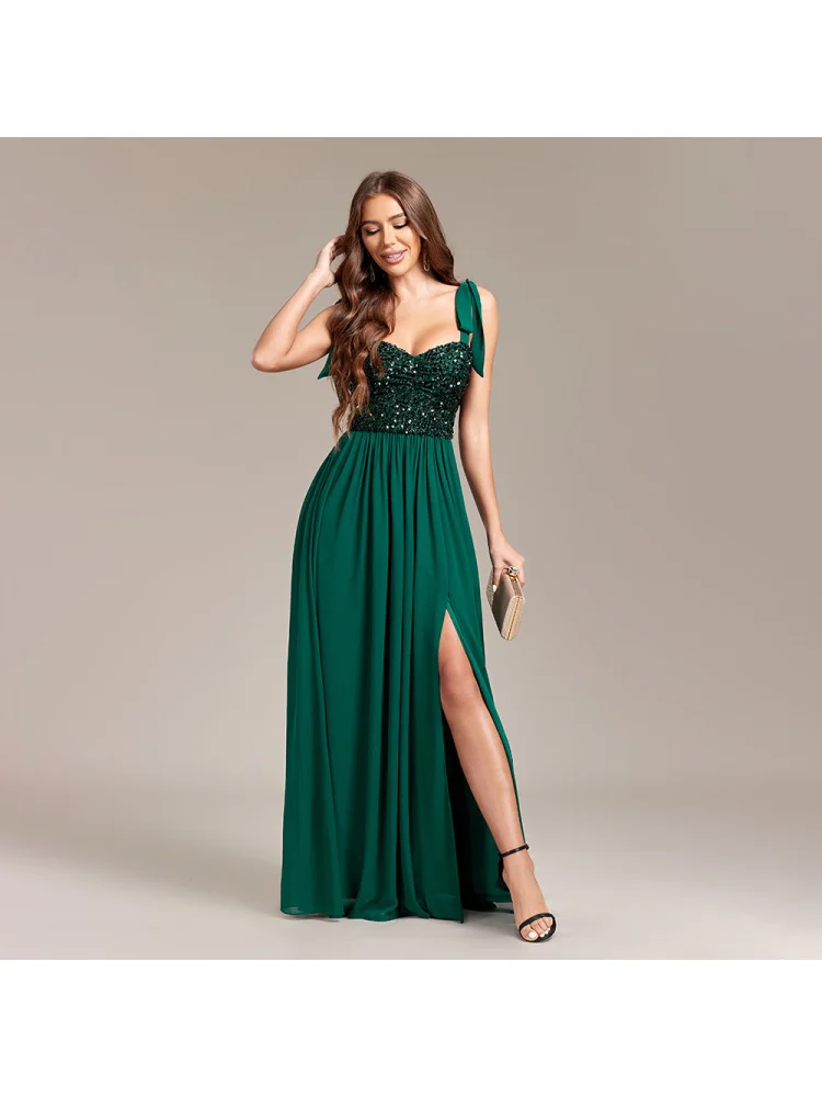 New Sequin Stitching Chiffon High Slit Birthday Party Formal Dress Gown Tied Sling Backless Prom A Expansion skirt