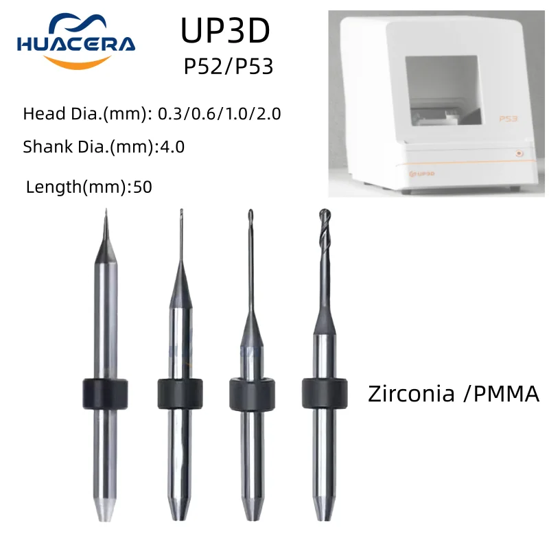 

UP3D P52/P53 For Zirconia PMMA PEEK Lab Grinding Burs Milling Diamond DC Coating D4 CAD CAM UP 3D P 52 Milling Drills