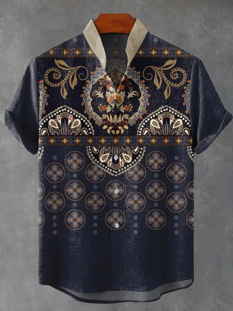 Retro Tribal Totem Pattern Printing Men's Linen Moslim Kleding Heren Fabric Short-sleeved Shirt Casual Street Trend Casual Shirt