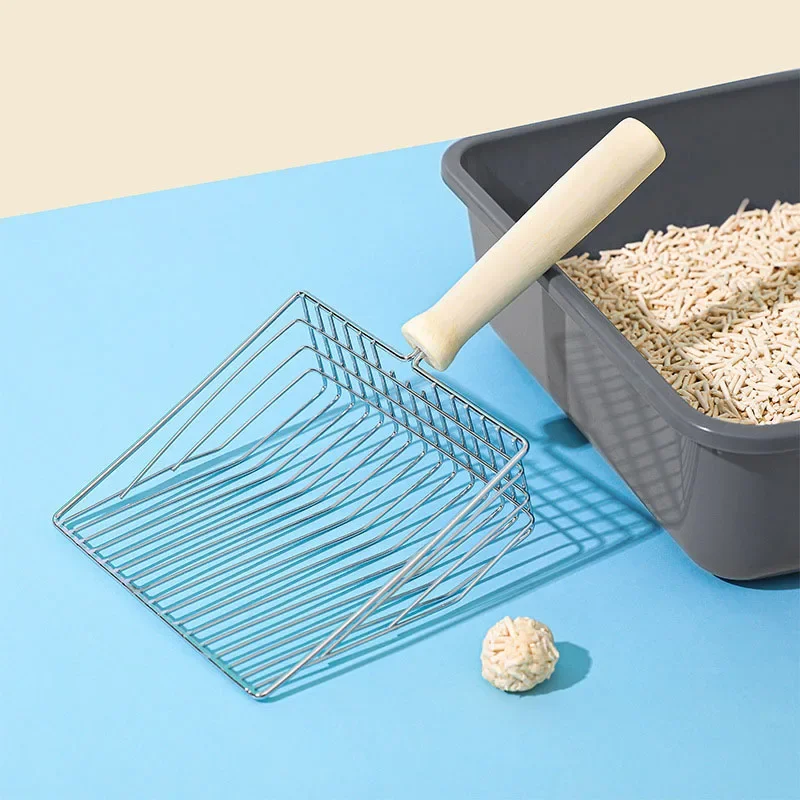 Cat Litter Shovel  Wood Handle Metal Scooper with Hook Portable Stainless Steel Sifting Kitten Toilet Cleaning Tool Pet Products
