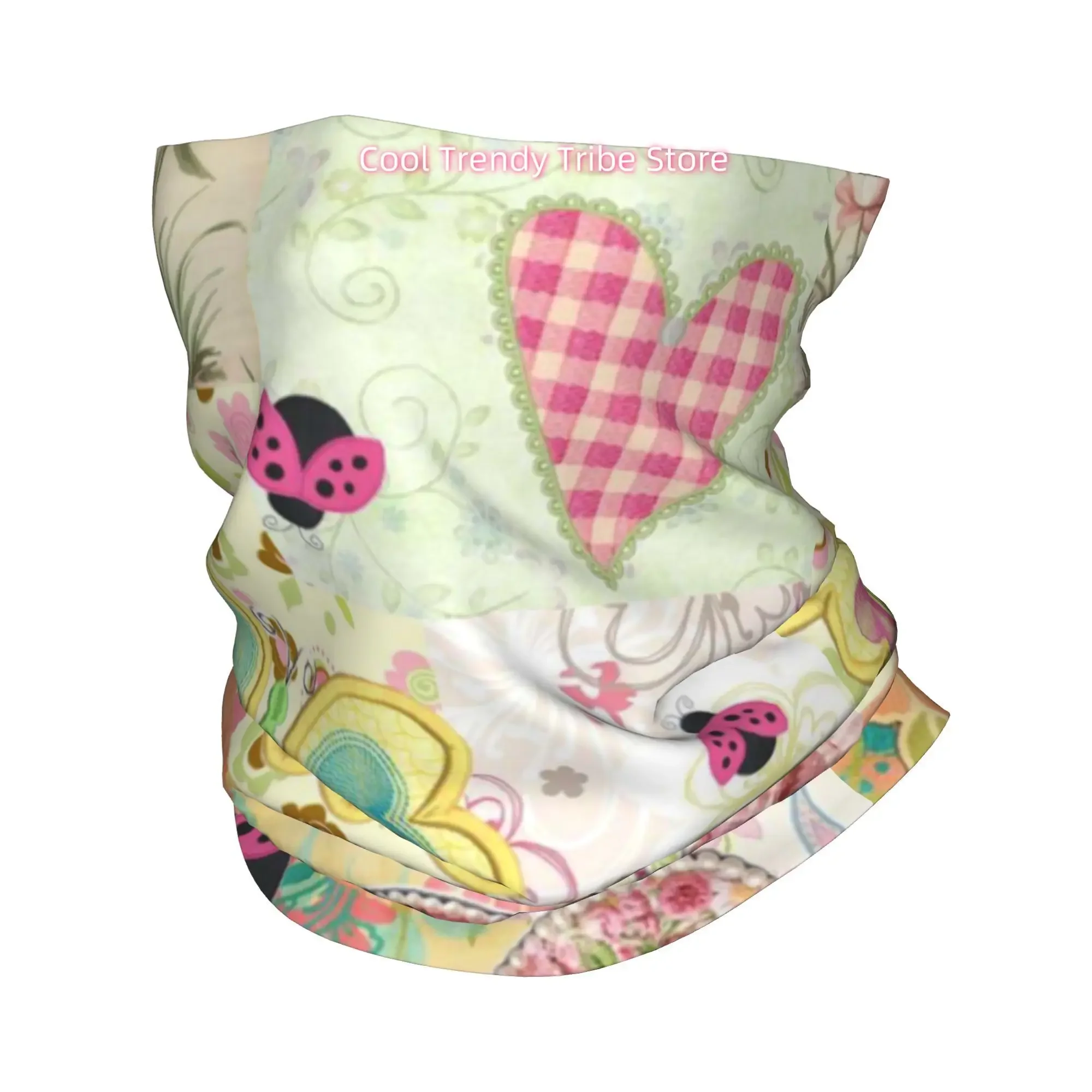2D Flat Cute Patchwork Pattern with Applique Butterflies And Ladybugs in Pink Green And Yellow Novelty Head Scarf Bandana for Wo