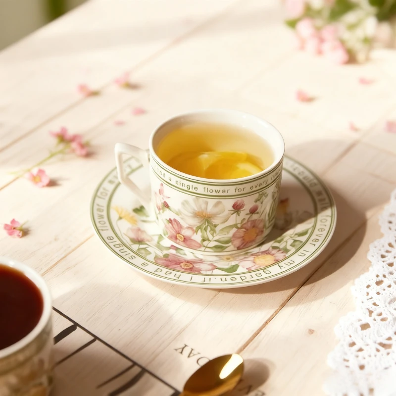 Keramiktasse im französischen Retro-Stil, Blumenmuster, exquisite Kaffeetasse und Untertasse, romantisches Geschenk, Nachmittagskamelien-Teetasse