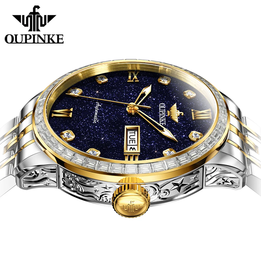 OUPINKE 3241 Mechanical Watches For Men Top Luxury Diamond Bezel Starry Sky Dual Calendar Imported Movement Automatic Man Watch