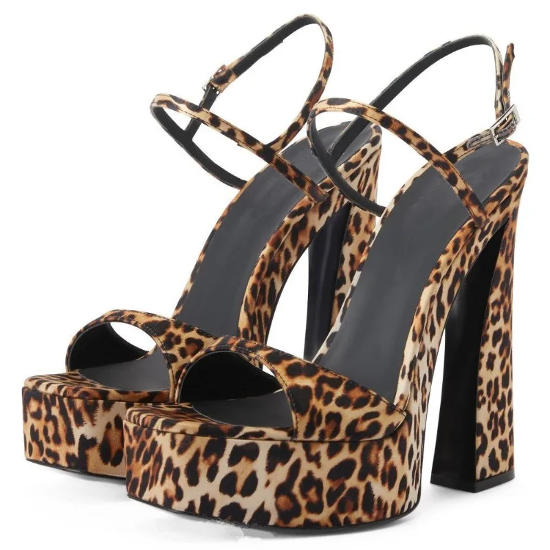 

Ladies' Summer Fashion High Heels Thick Bottom Buckle Sandals European and American Sexy Leopard Pattern Banquet Shoes