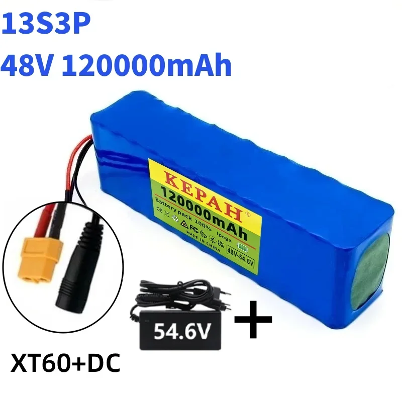 New 48V 120000mAh 2000W 13S3P XT60 48V Lithium-ion Battery Pack, Lithium Iron Phosphate Battery 120Ah and 54.6V Charger