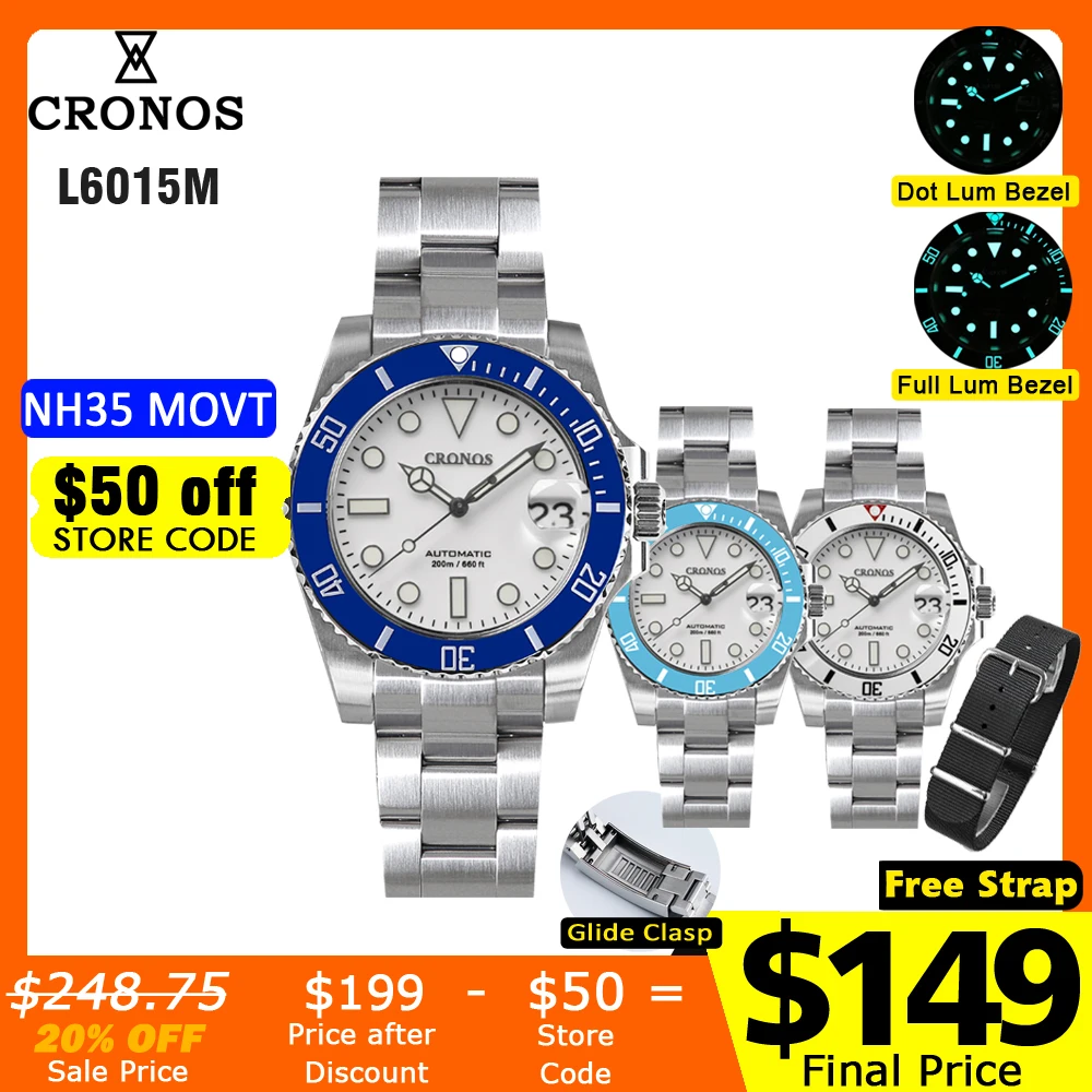 

Cronos Sub Diver Men Watch White Dial With Date NH35 Ceramic Bezel 200 meters Water Resistant Glideclasp Brushed Bracelet