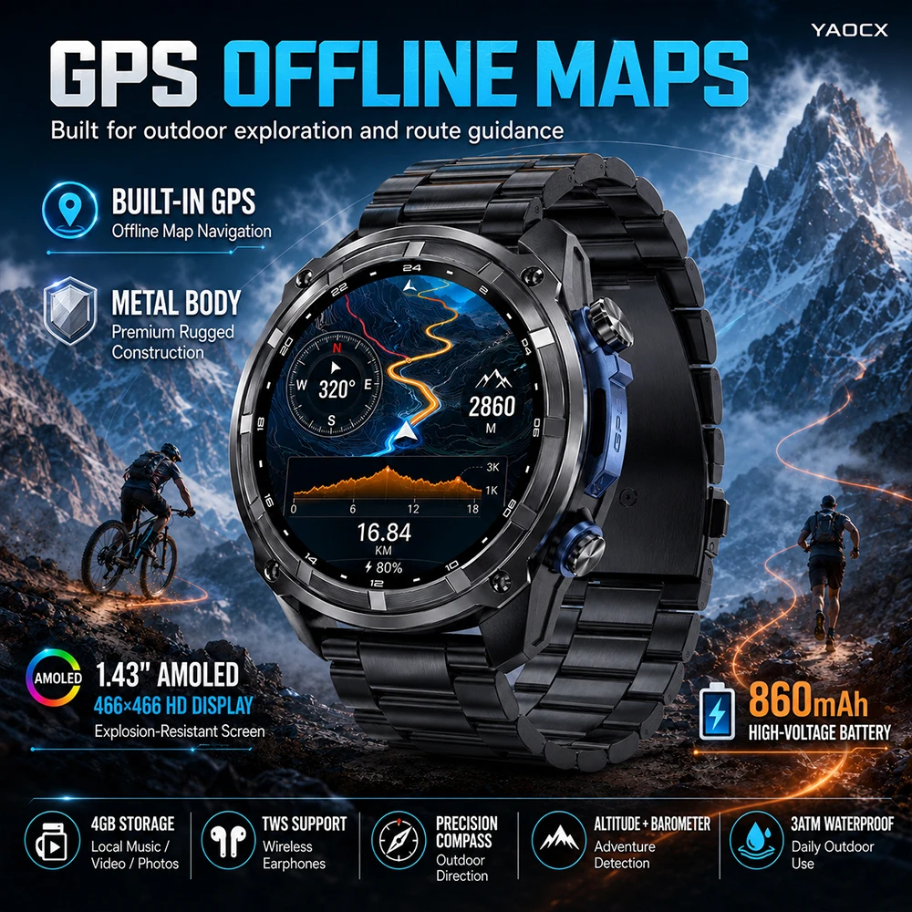 GPS Smart Watch 1.43-inch HD AMOLED Explosion-Proof Glass Screen 860mAh Battery 3ATM Waterproof Bluetooth Call Men Sports Watch