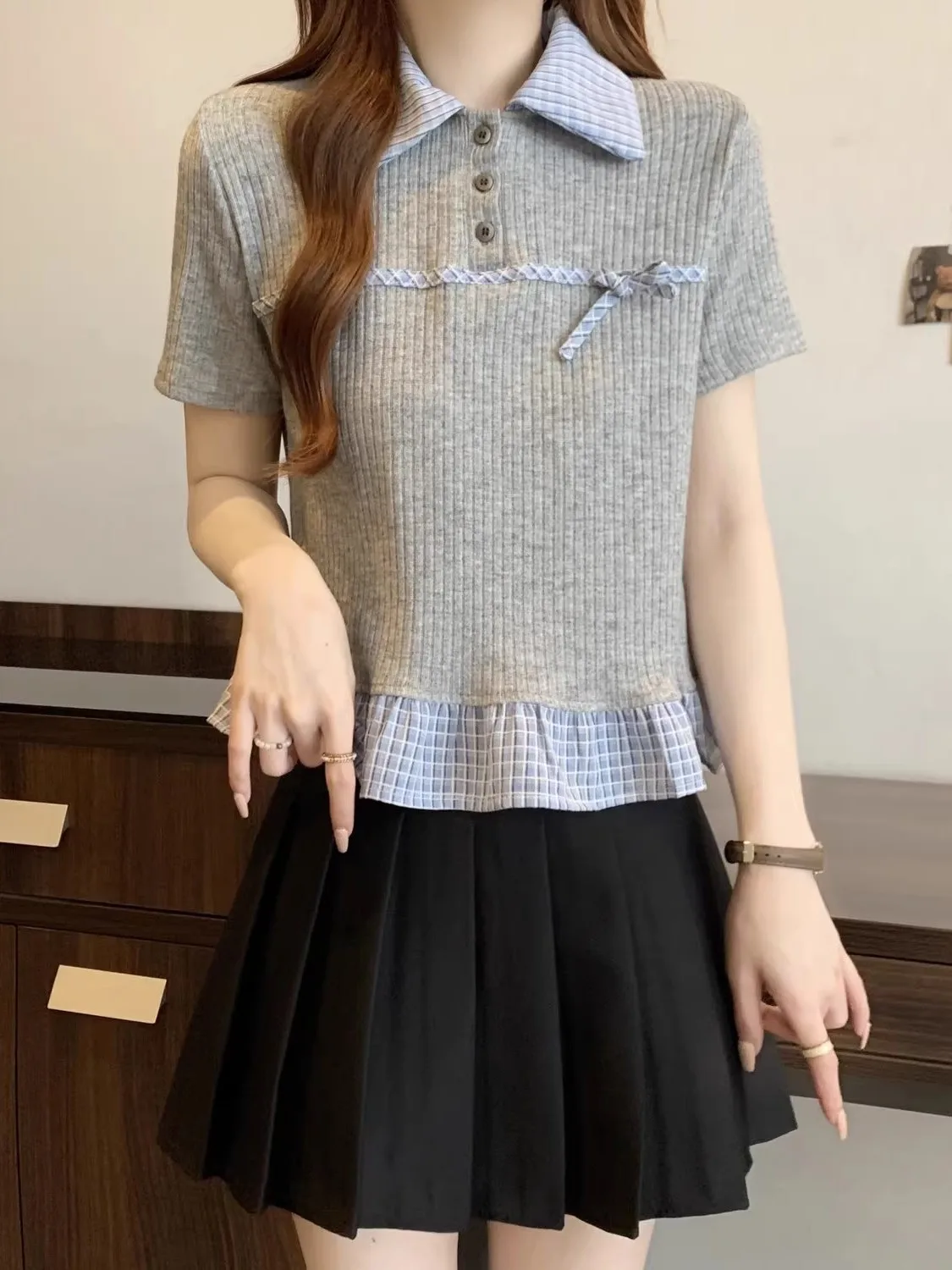 

Summer Women's Ne ort Sve T-irt Patchwork Knot Top Korean Sle Loose Fit Moisture ng Creative P...