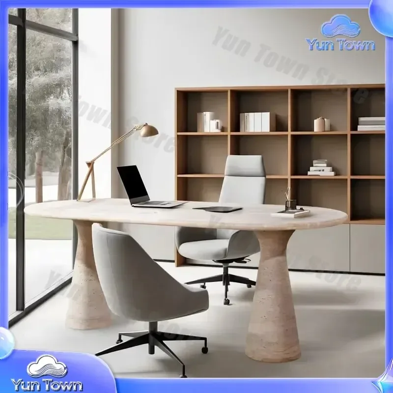 for OEM ODM Custom Size Office Furniture Modern Travertine Marble Oval Dining Table Desk Home Office Table Workstation