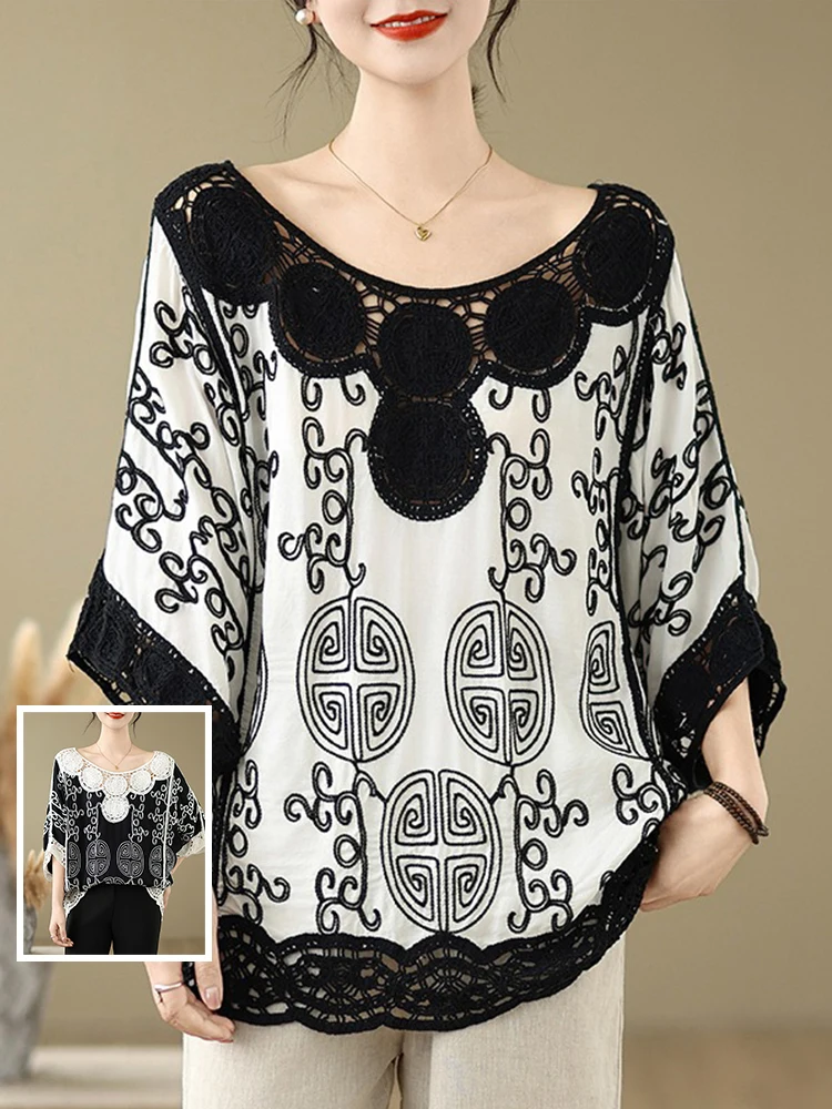 

Женская футболка большого размера с кружевной вышивкой в стиле ретро, круглый свободный повседневный летний топ с крышкой «летучая мышь»