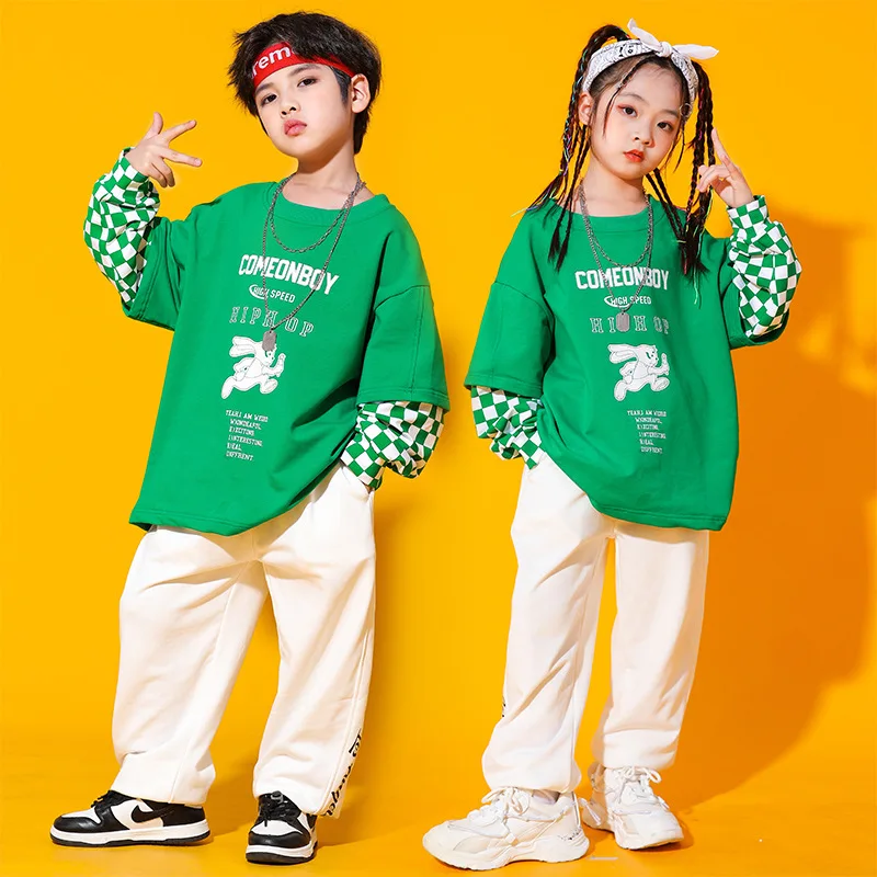 Sudadera verde de Hip Hop para niños Y niñas, ropa de calle, disfraz de Jazz para baile callejero, 8, 10 Y 12 años