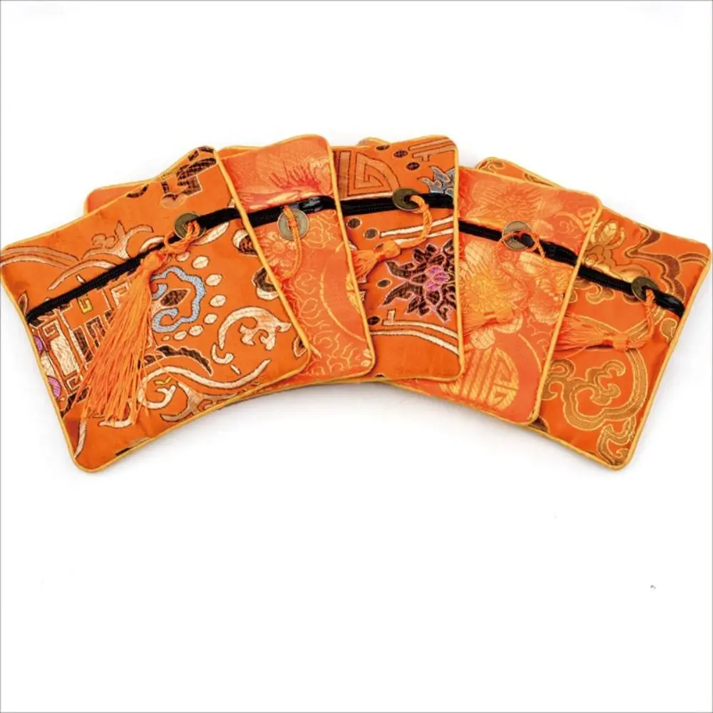 Tassel Mini Embroidery Canvas Coin Purse Copper Cash Pendant Square Flower Jewelry Packing Bag Dragon Large Capacity