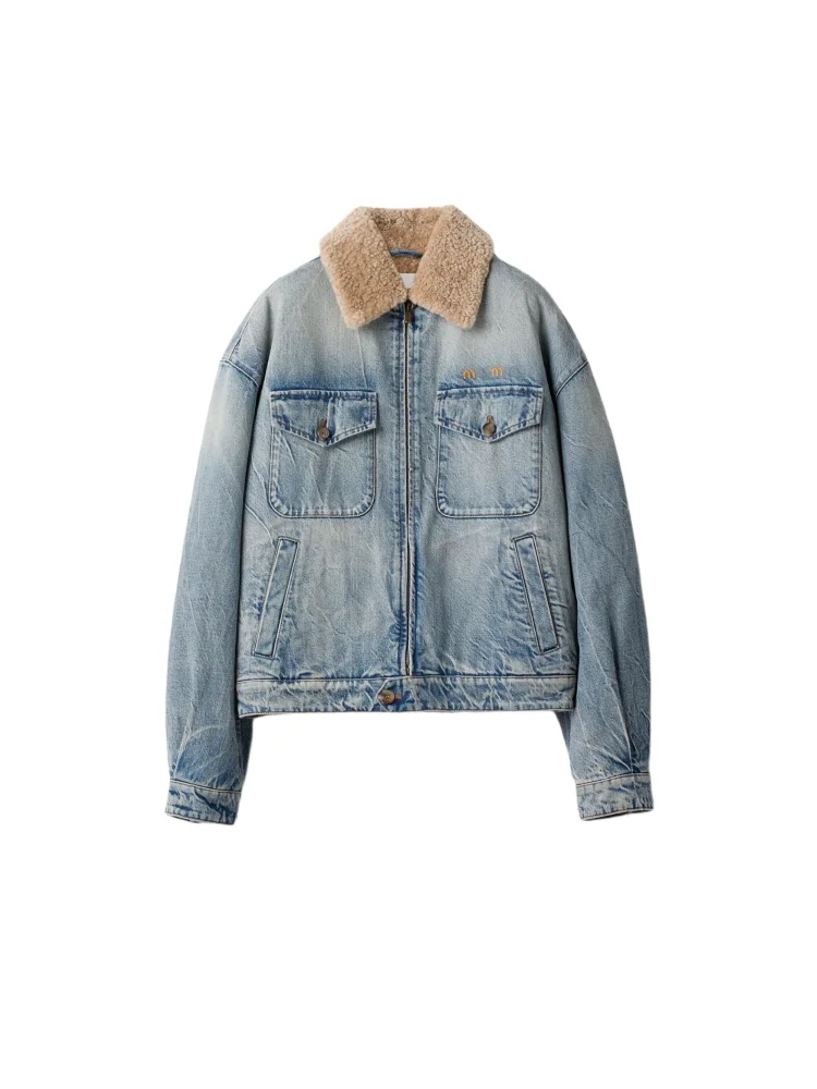 

South Oil Fashion Early Spring 2026 New Style Embroidered Lamb Fur Collar Denim Jacket Warm Cotton Jacket Women's Short Coat