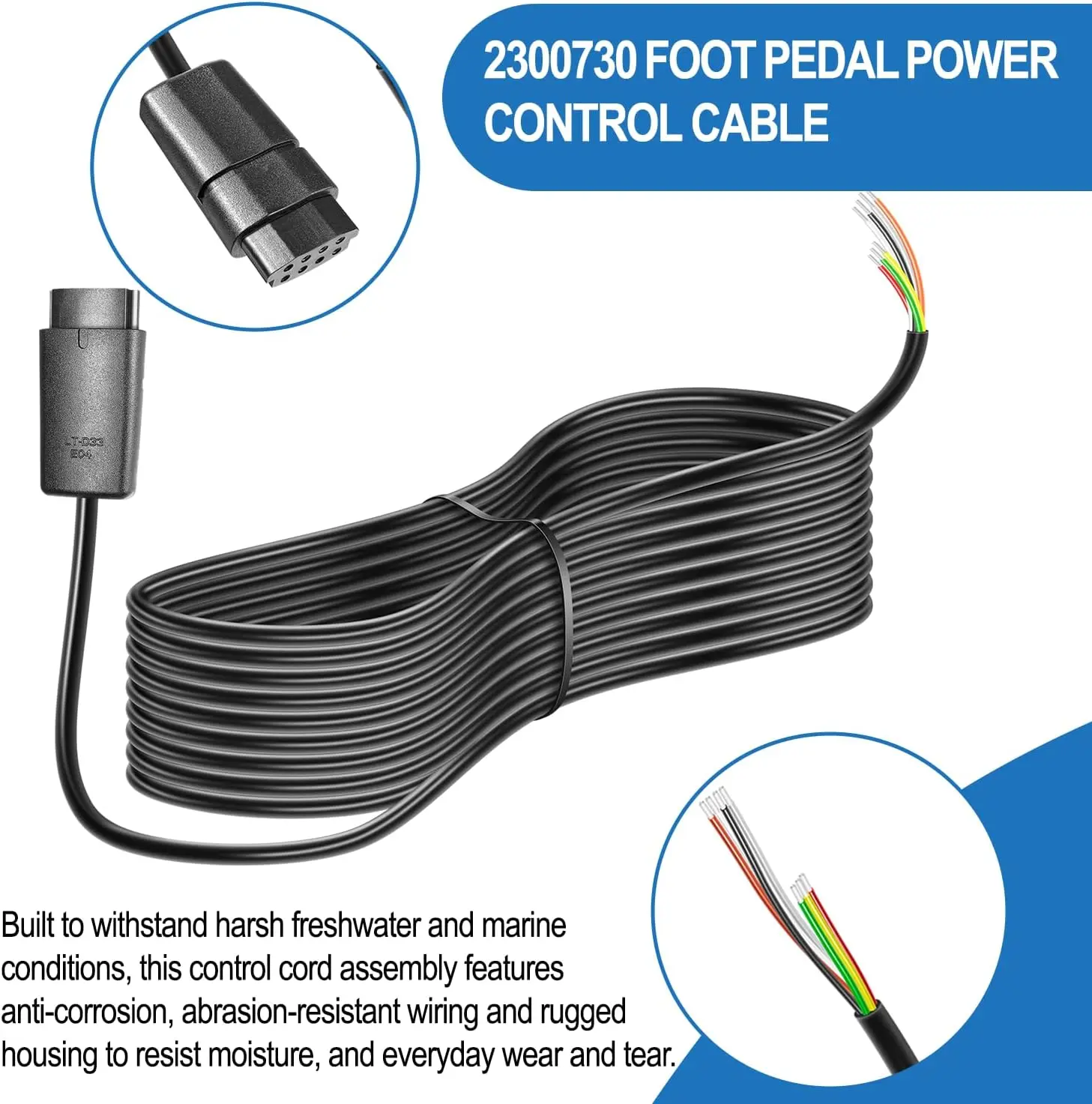 TML Power Control Cable for Minn Kota PowerDrive V1 Foot Pedal Flat Plug Trolling Motor Extension Cord for 2006 & Older Models