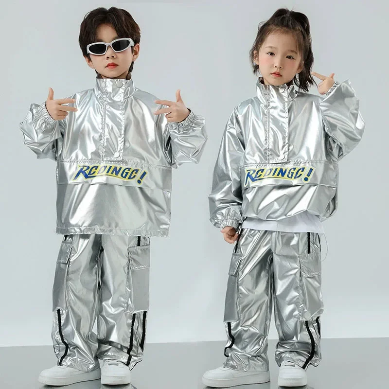 Ragazze Hip Hop Giacca con paillettes Pantaloni cargo Bambini Street Dance Argento lucido Pantalone Set di vestiti Bambini Wasteland Punk K-pop Costumi
