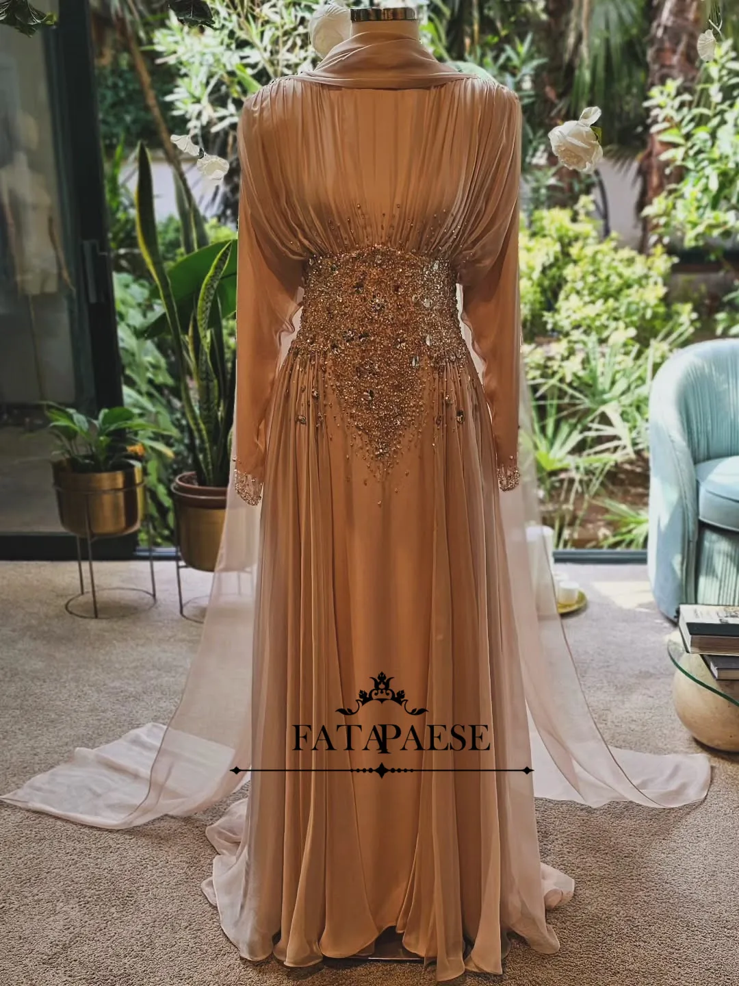 

FATAPAESE Haute Couture Champagne Luxury Evening Dresses with Cape Exquisite Beaded High Neck Arabic Dresses for Wedding Party