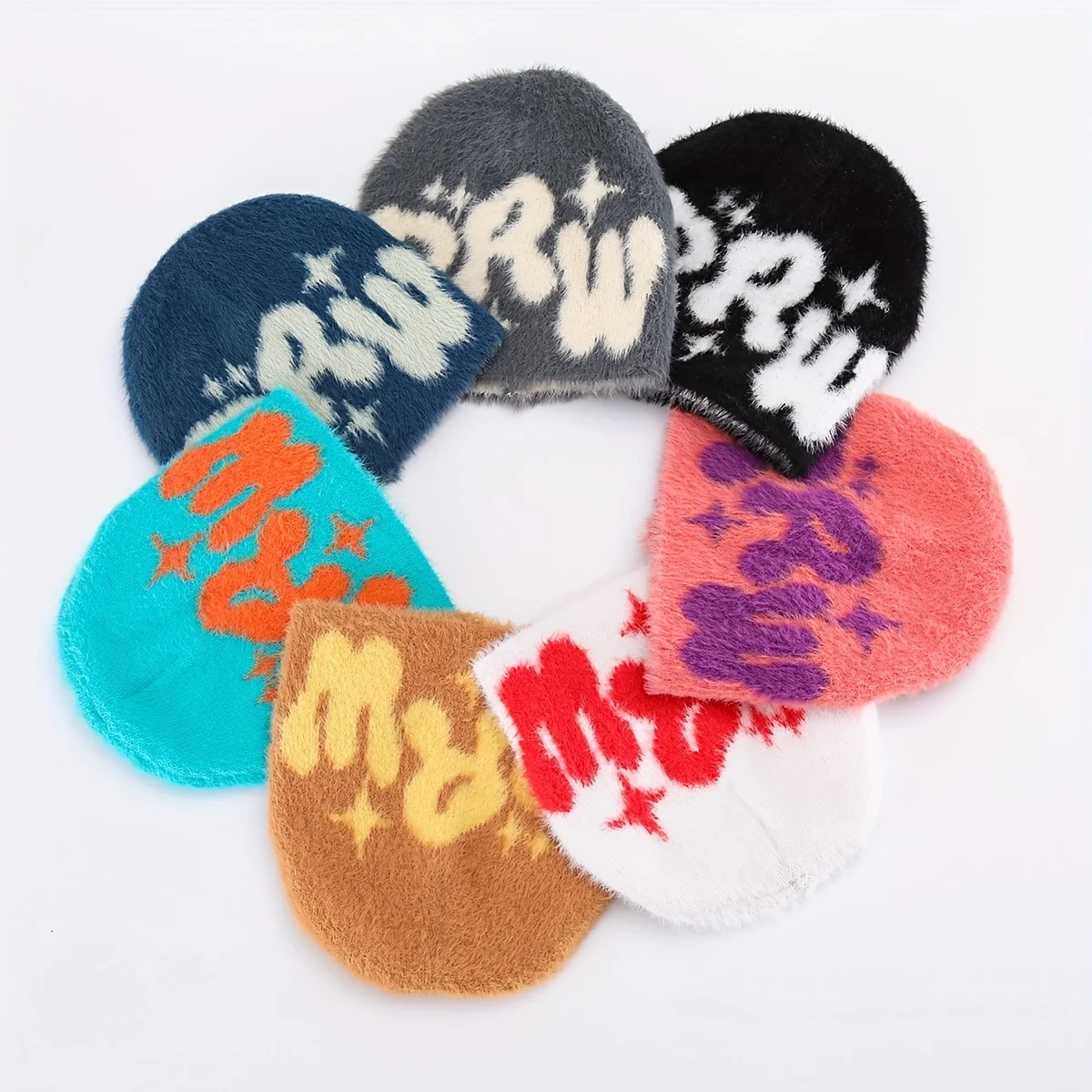 Unisex Y2K Fuzzy Knit Beanie Hat Fluffy Bubble Letter Graphic Winter Warm Soft Plush Skull Cap Streetwear for Men Women