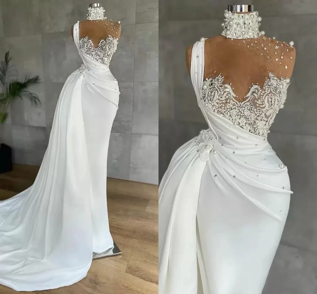 Designer Mermaid Wedding Dresses 2025 Customized Women High Neck Lace Pearl Beaded Robe De Mariée Elegant Satin Bridal Gowns