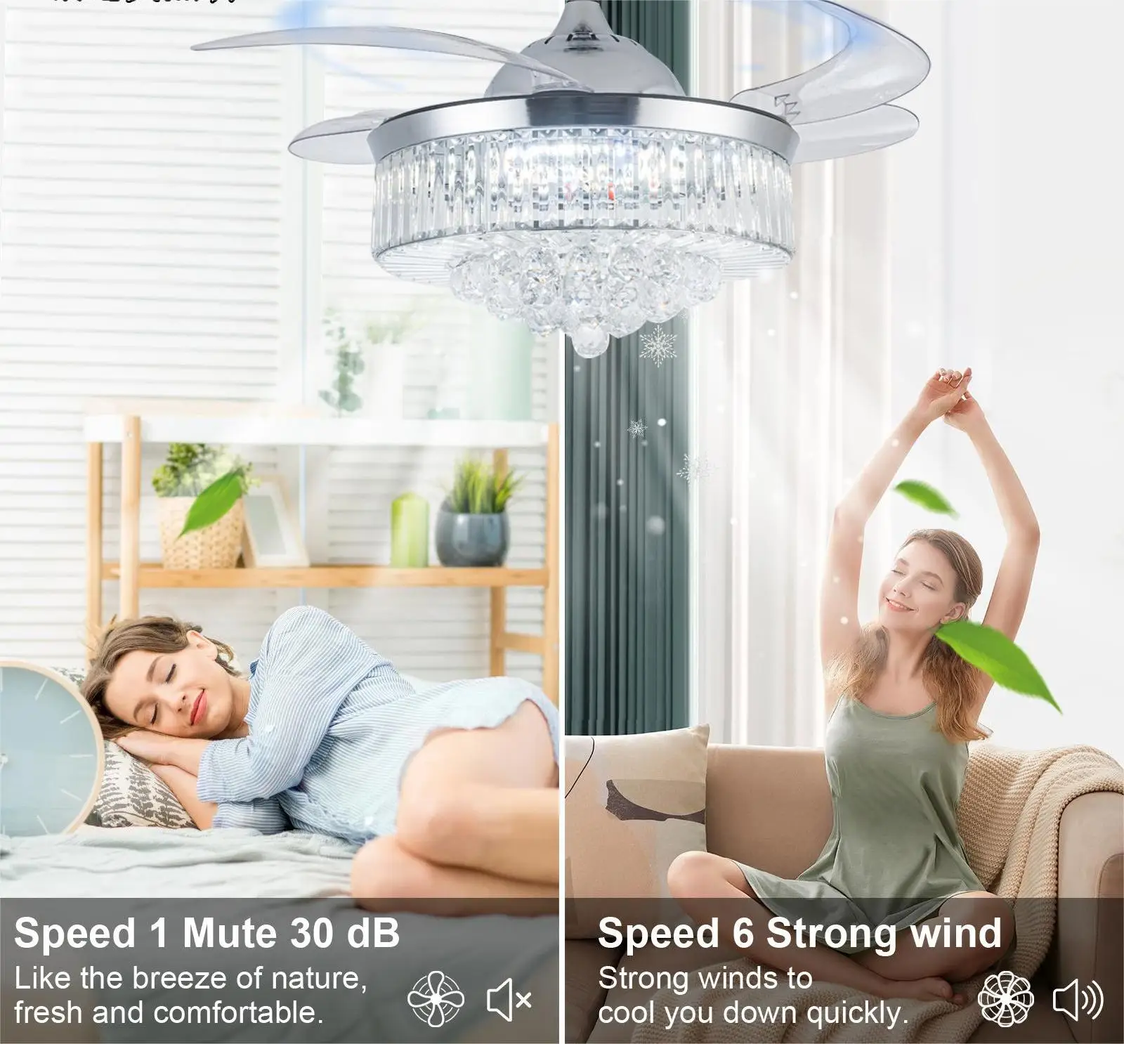 Modern Luxury Crystal Ceiling Fan Light Nordic Invisible Fan Lamp Living Room LED Chandelier Light Electric Fan Reversing Motor