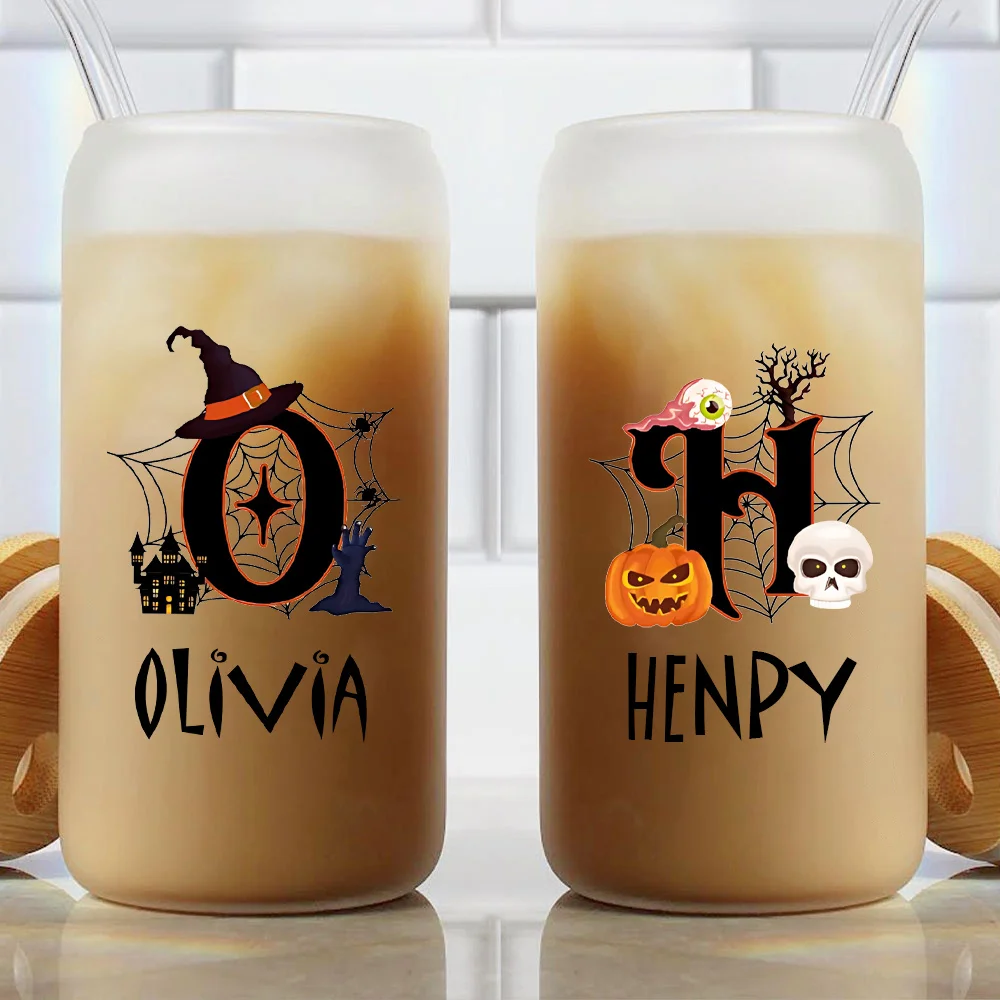 Custom Halloween Name Glass Can Cup with Bamboo Lid, Witch Hat Pumpkin Frosted Iced Coffee Tumbler Personalized Fall Holiday .