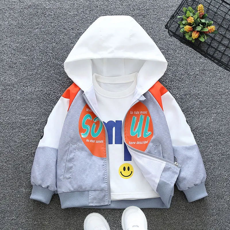 2024 Spring and Autumn Boys and Children\'s Casual Color Block Letter Long sleeved Hooded Zipper Coat Children\'s Clothing 1-8Y