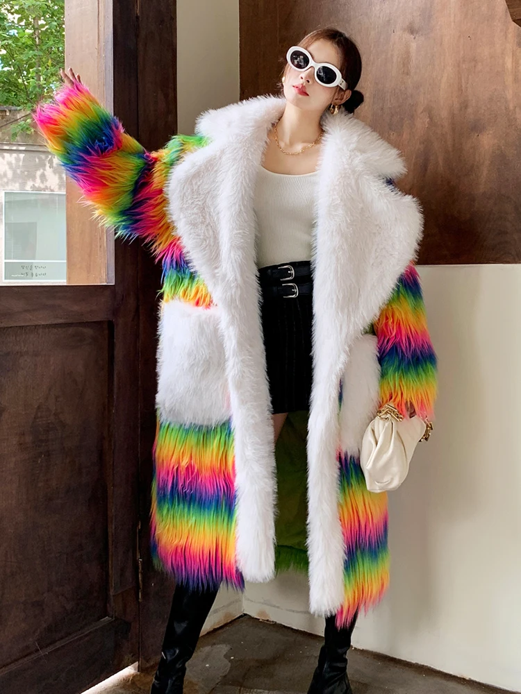 DEAT Fashion Women\'s Faux Fur Coat Lapel Rainbow Colored Long Sleeves Loose Fit Thick Warm Jackets Winter 2024 New Tide 7AB5092