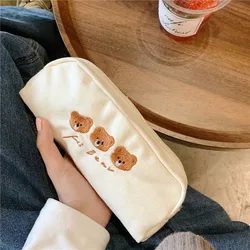 Solid Color Women Canvas Cosmetic Bags Lovely Brown Bear Embroidered Students Pen Case Handbags Female Portable Clutch Purse Bag