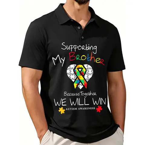 Men's Printed Short-Sleeve Polo Shirt, a Inspirational Gift for Autism Awareness and Sibling Support, with a Stylish and Casual Design, Breathable Fabric, and Suitable for All Seasons.