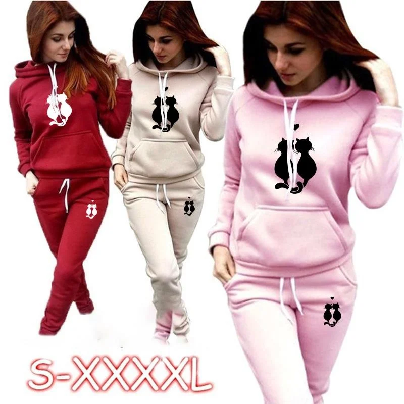 

Fashion Cute Cat prints Women Track Suits Sports Wear Jogging Suits Hoodies+Sweatpants Sweat Suits