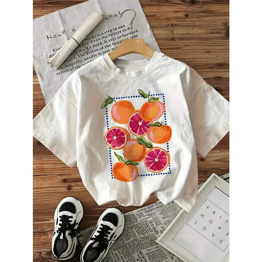 Children's T-shirt Soft Skin Friendly Breathable Loose Comfortable Casual  Watercolor Style  Citrus Slice Pattern Short Sleeved