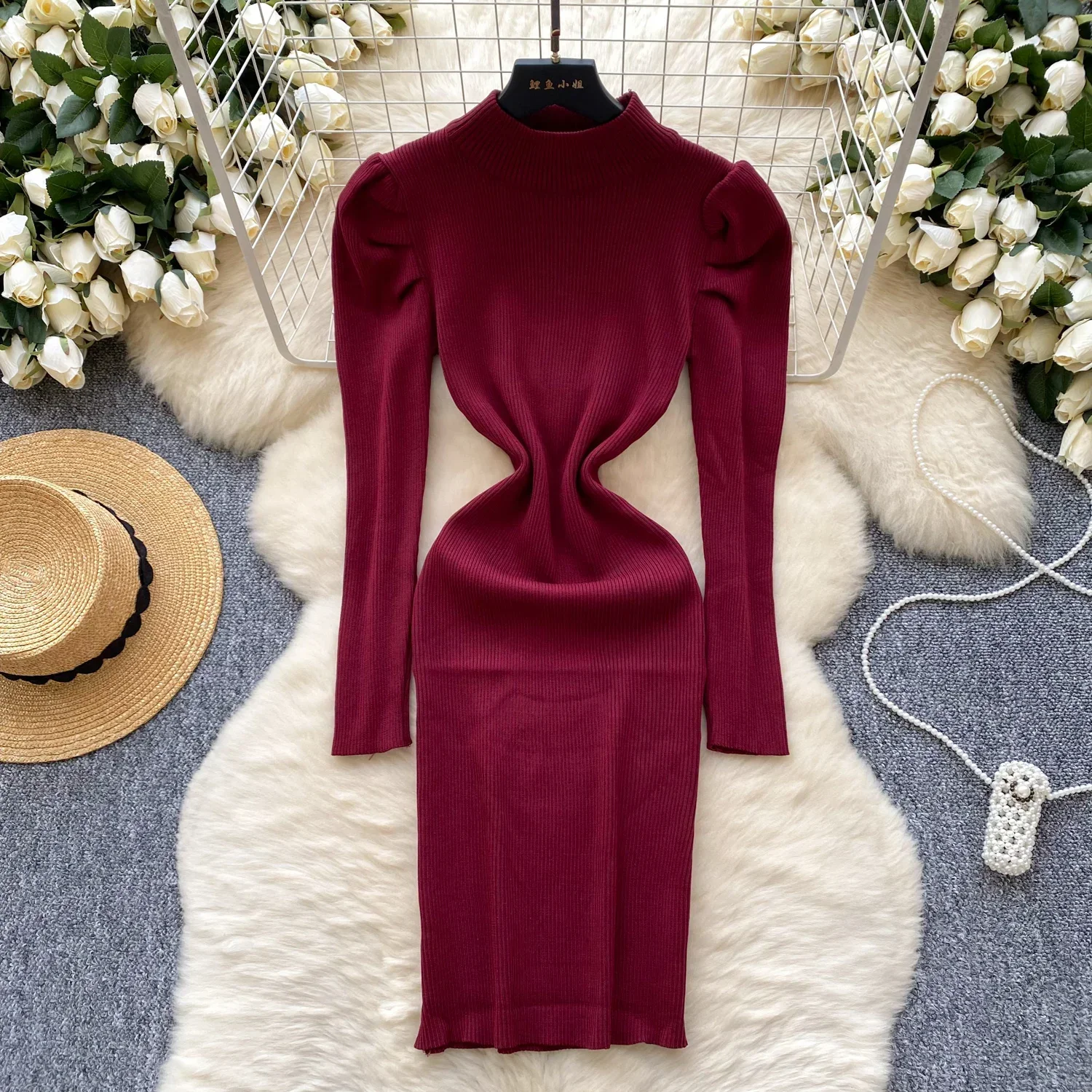 Sweet Pleated Puff Sleeve Slim Fit Knit Robes Half High Collar Solid Elegant Dress Women 2024 Autumn Winter All-match Vestidos