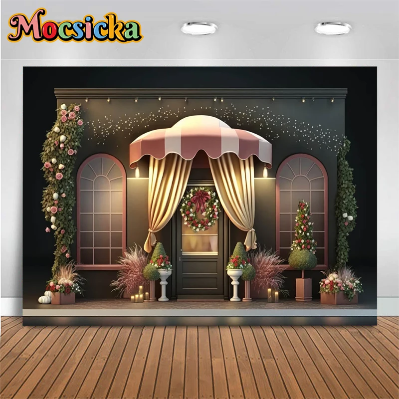 

Mocsicka Christmas Tree Decoration Background Retro Black House Arched Window Props Doorstep Flower Backdrop Studio Photobooth