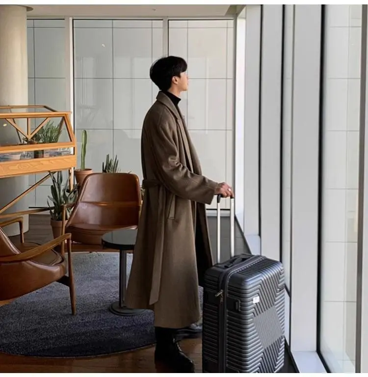 

Wool Blend Long Belted Coat Faux Fur Collar Mans Knitted Woven Intertwined Interlaced Interwoven Entwined Twined Twisted Twirled