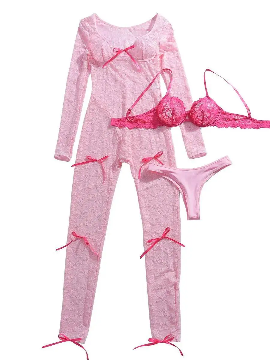 2025 New Sexy Transparent Hollow High Waist Jacquard Tight Long Sleeve Lace Jumpsuit Pure Desire Homewear For Woman Elegant NJAX