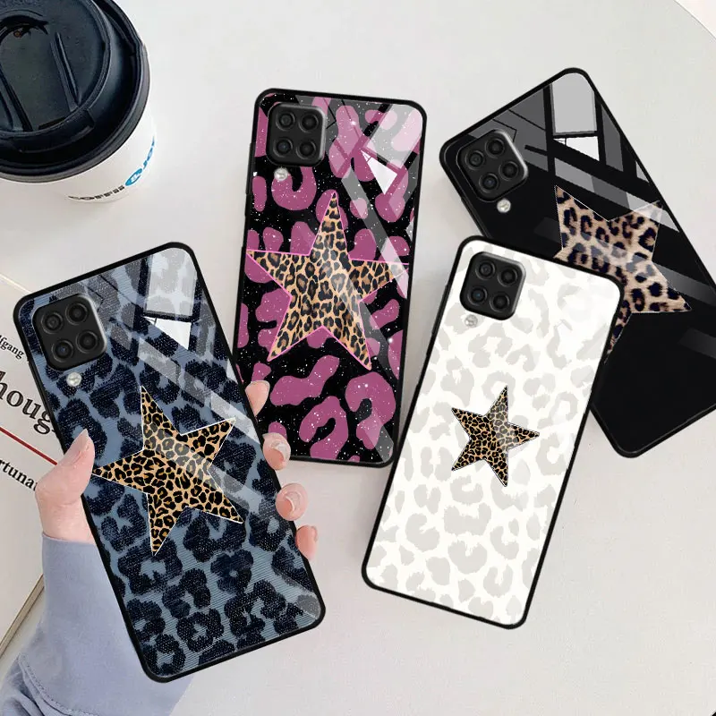 Tempered Glass Case for Samsung Galaxy A07 A50 A06 A10 A20s A03 A7 A70 A04s A50s A04 Black Phone Cover Leopard Print Pentagram
