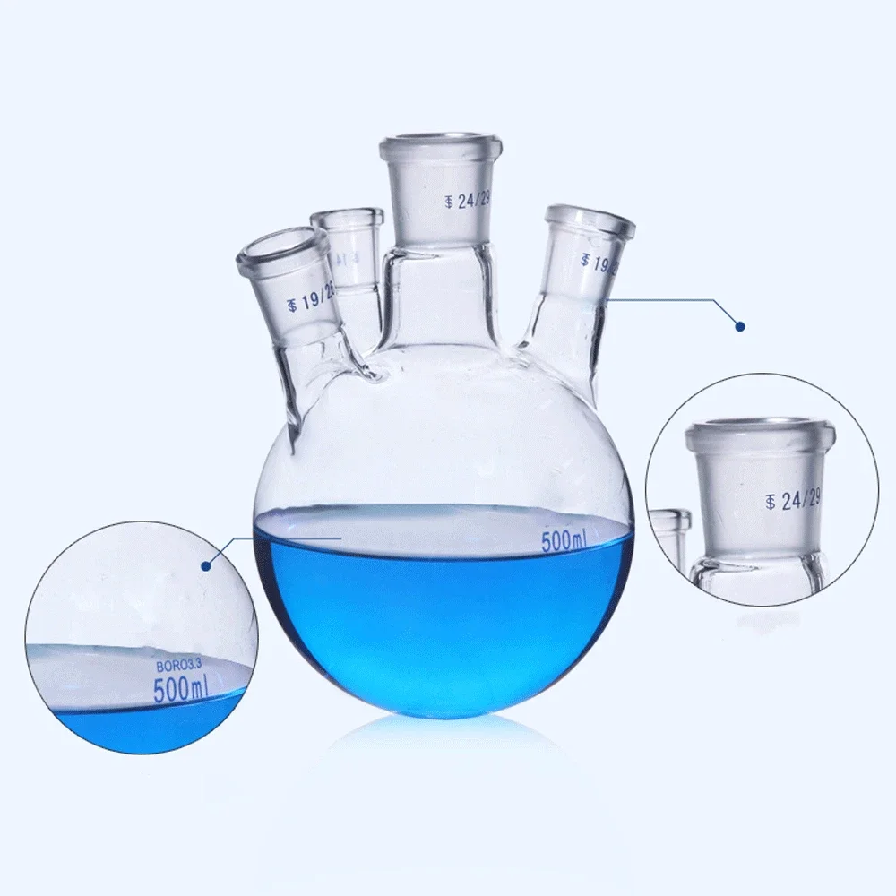 19/26 24/29 29/32 Standard 100/250/500/1000/2000ml 4-Neck Boro. 3.3 Glass Reaction Flask Labrotary Glassware Chemical Experiment