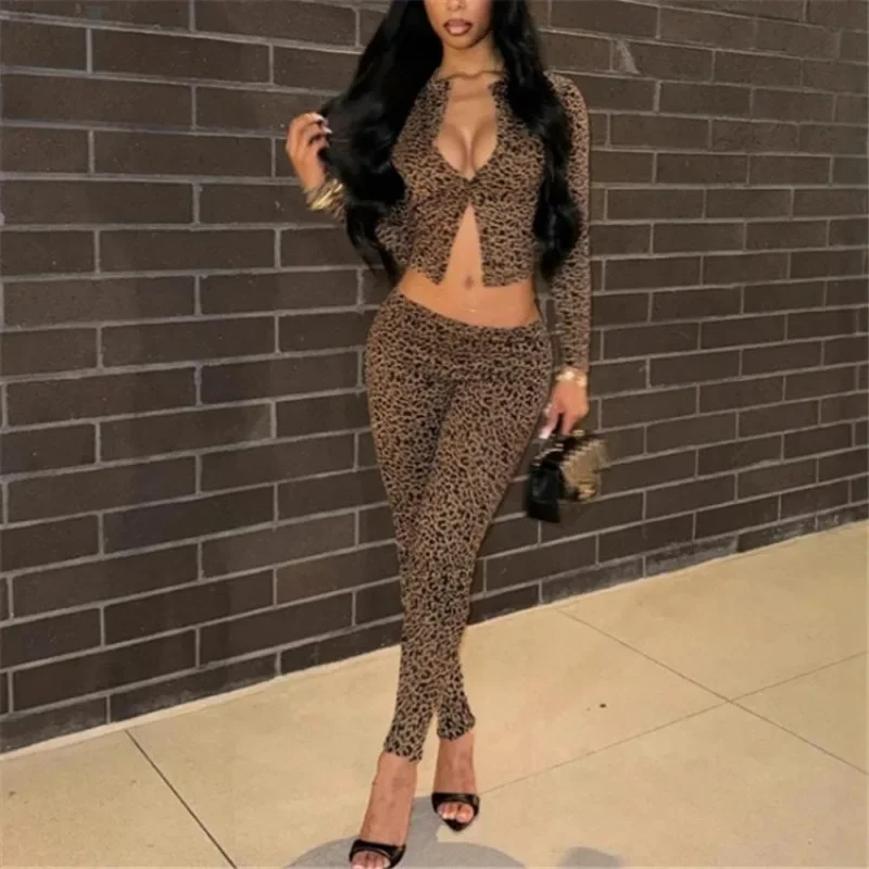 UOSU 2024 Autumn Knitted Leopard Slim Casual 2 Piece Set Women Single Breasted Long Sleeve Crop Top Low Waist Skinny Pants