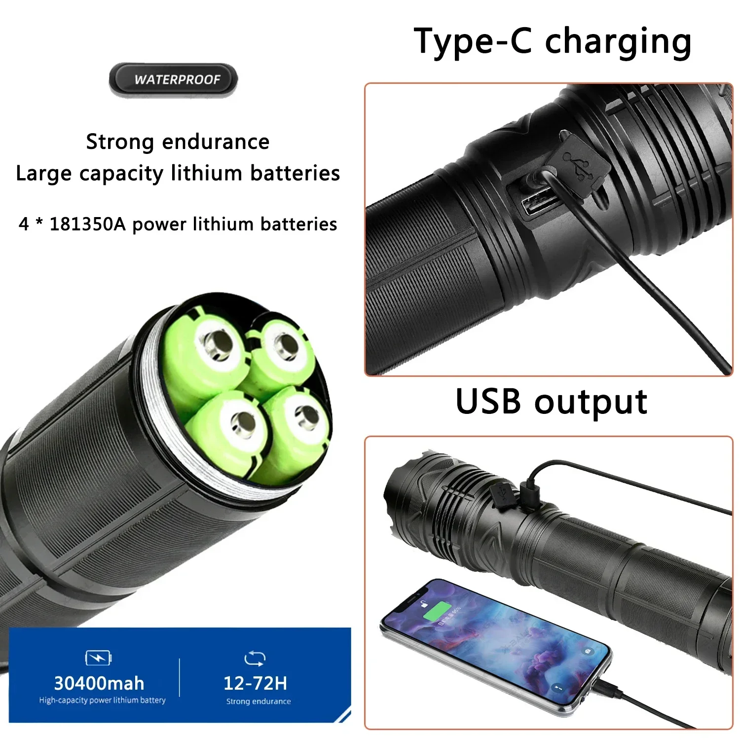 強力な戦術的なLED懐中電灯,超高輝度,USB充電式,ズーム可能な懐中電灯,長距離,屋外キャンプ用ランタン