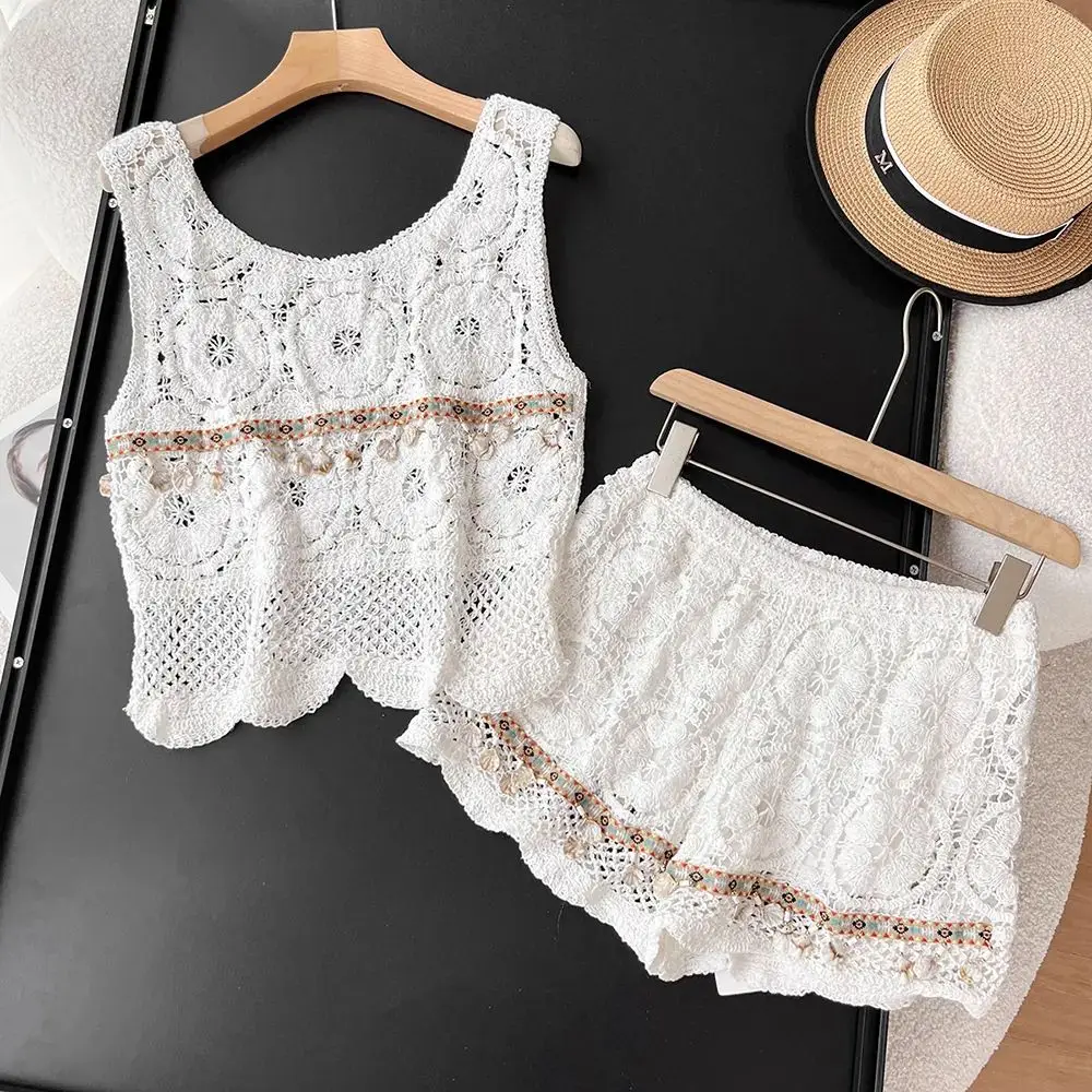 Summer Holiday Knitted Two Pieces Sets Hollow out Sleeveless Tank Top + High Waist Shorts Bohemian fringed Women Beach Set