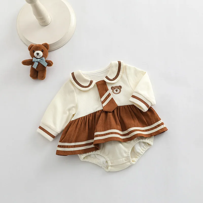 Korea Baby Romper 0-3Years Newborn Boy Girl Long Sleeve Bowtie Skirted Bodysuit Bear Jumpsuit Birthday Party Clothes