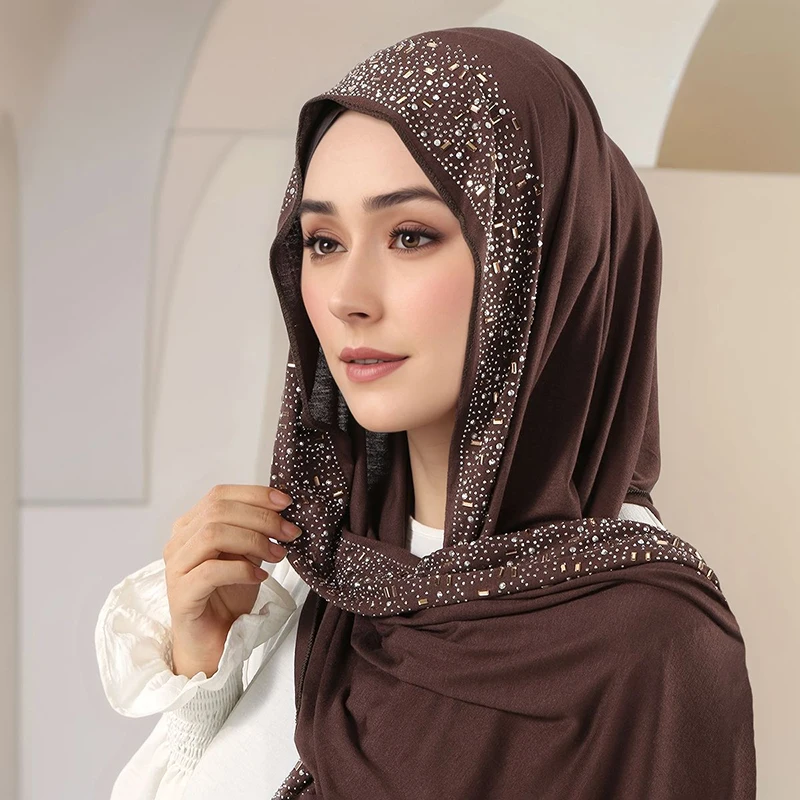 Ramadan Muslim Shimmer Rhinestone Jersey Cotton Hijab Scarf for Women Solid Headscarf Shawl Wrap Islamic Headband Turban Bandana