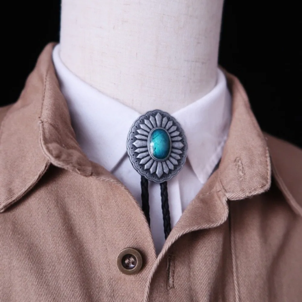 PU Woven Rope Indian Western Cowboys Bolo Tie Ethnic Style Vintage Turquoise Bolo Tie Western Country Style Sweater Chain