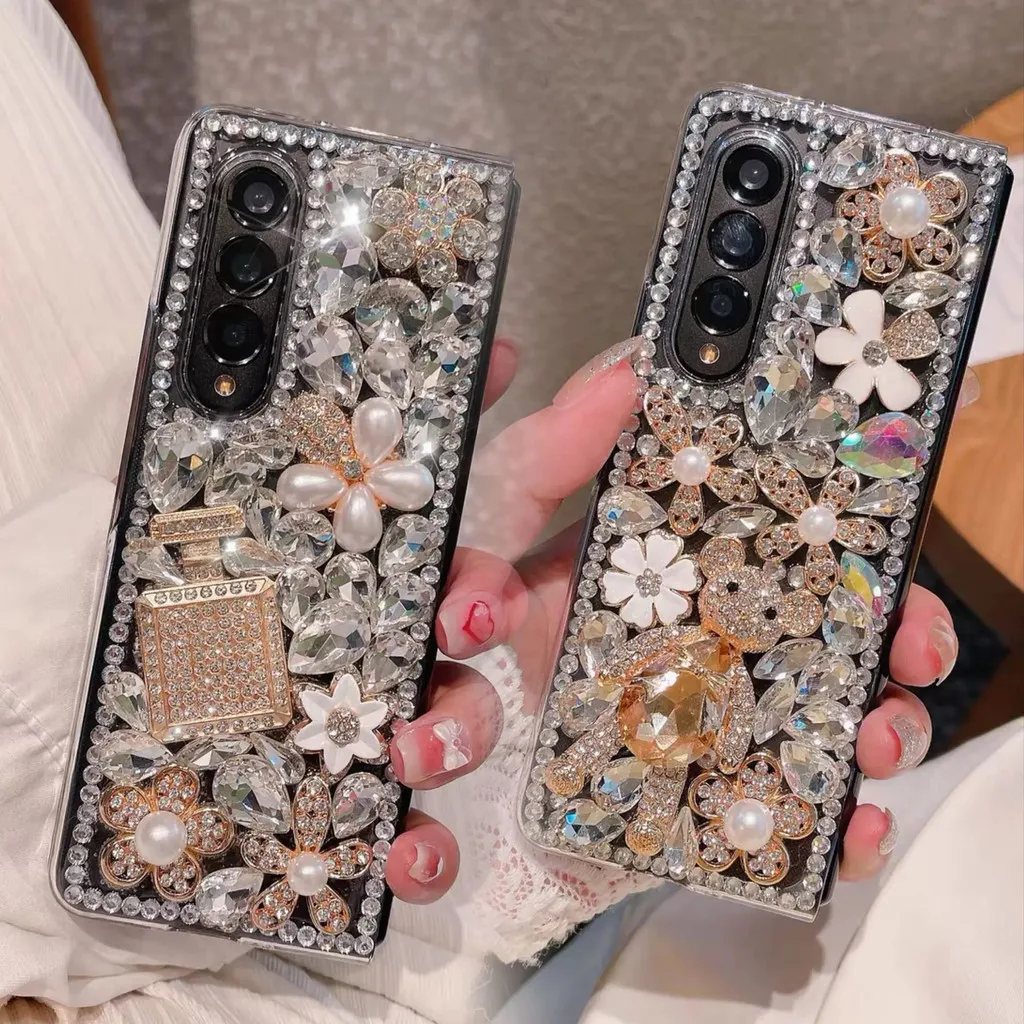 For Samsung Galaxy Z Fold 6 5 4 3 2 5G ZFold6 Luxury Fashion Bling Crystal Diamond Flower Bear Perfume Bottle Phone Case Cover