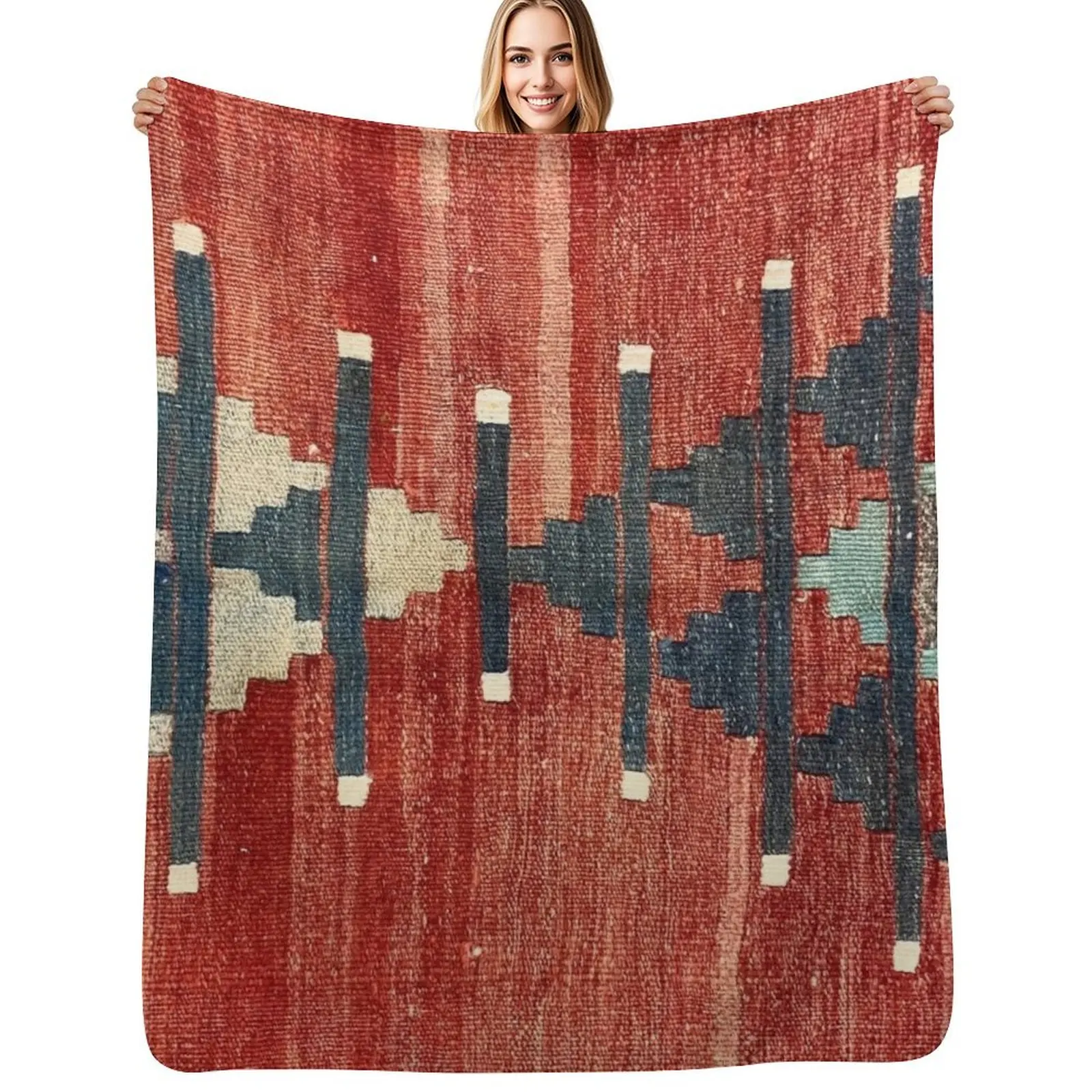 Vintage Kars Decorative Kilim, Navaho Weave, Woven Aztec Textile Throw Blanket Portable Lightweight Blanket for Travel Camping