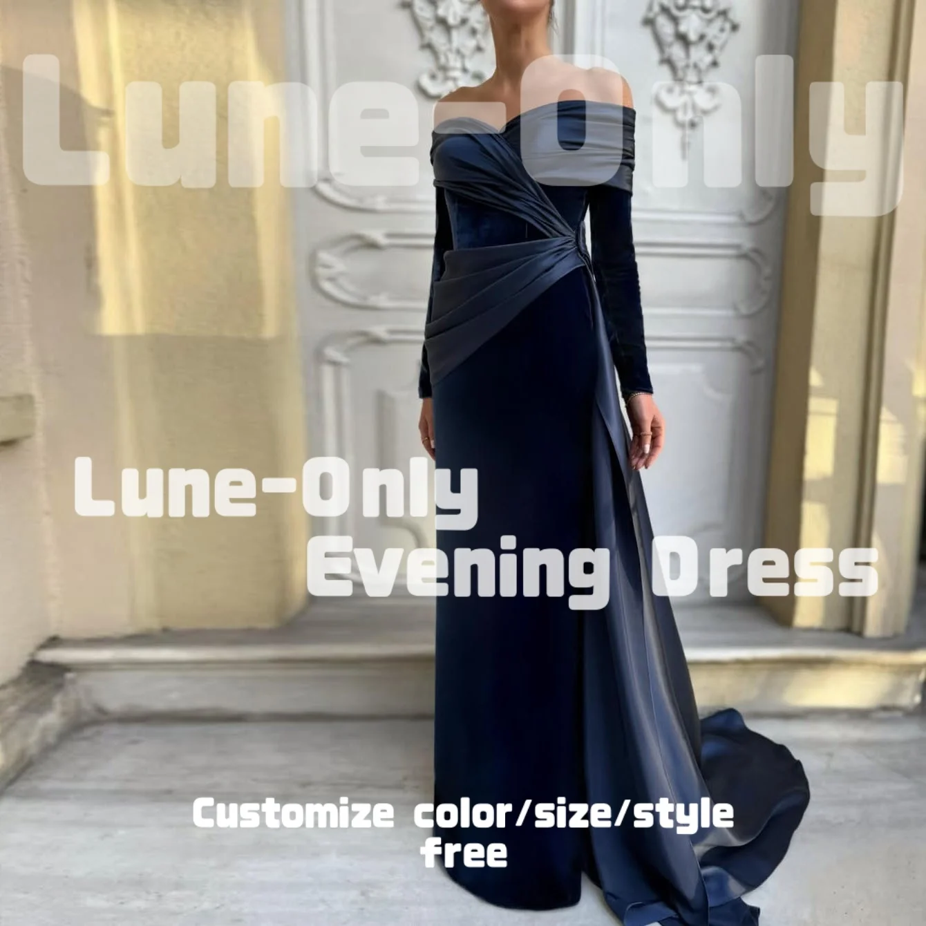 

Customized Navy Long Sleeves Elegant Women Evening Dresses For Formal Occasion Off Shoulder Velvet Satin Prom Dress Party Gown
