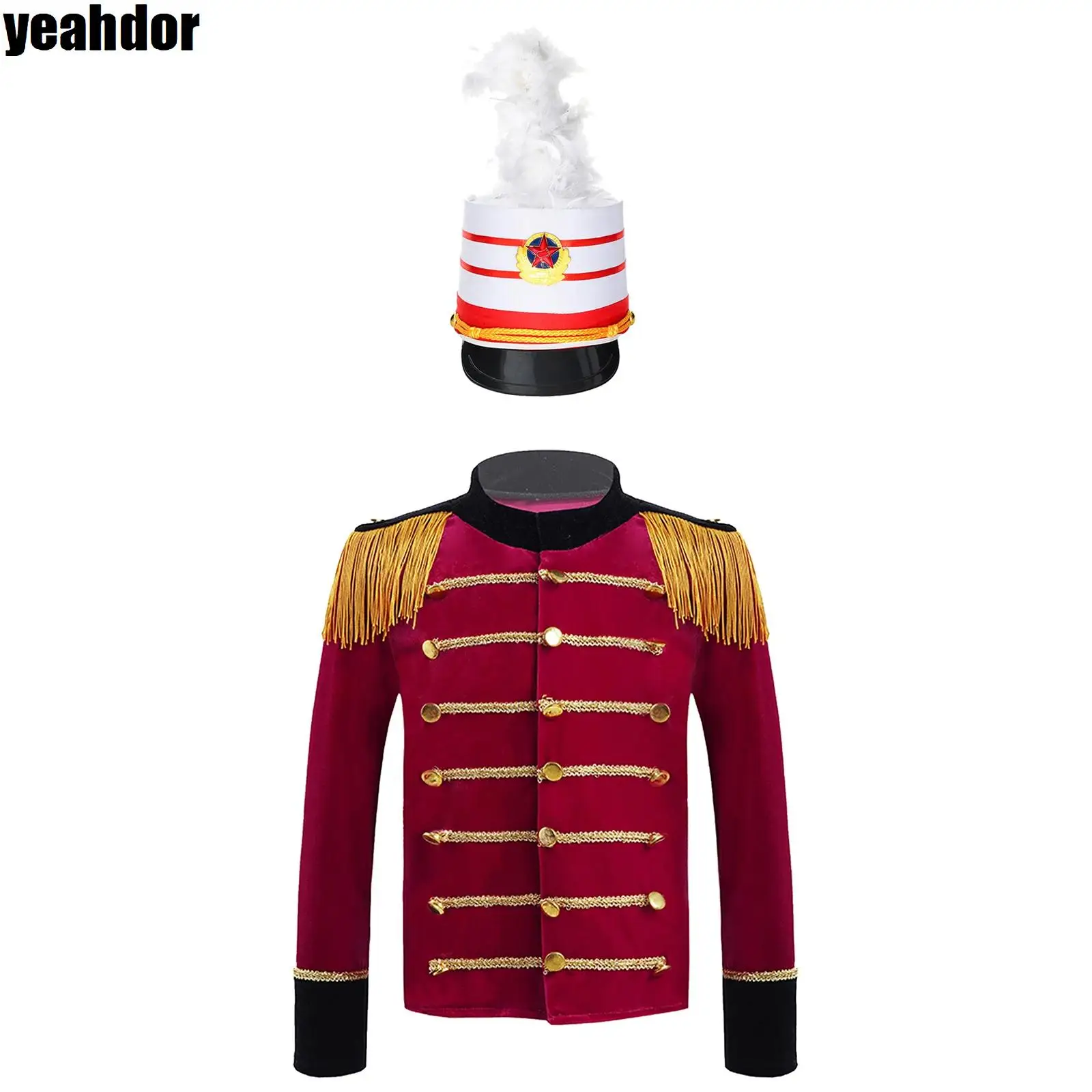 

Kids Boys Honor Guard Performance Uniform Long Sleeve Tassels Shoulder Tops with Feathers Decorated Ceremonial Hat