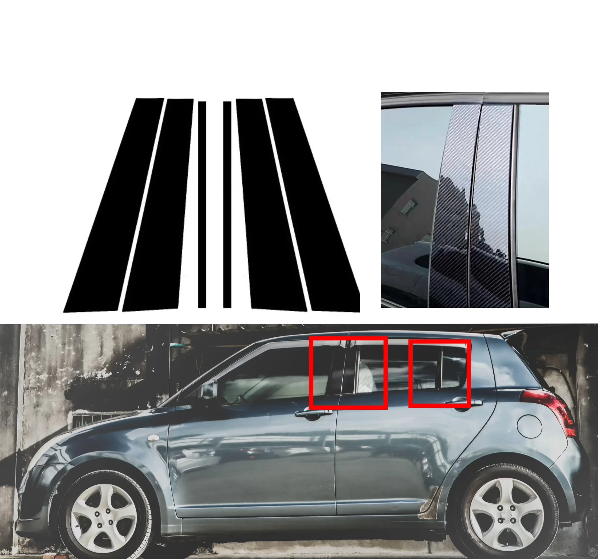 Gloss Black  Pillar Posts Silver Carbon Fit Suzuki Swift 5-Door 2005 2006 2007-2016  Window Decor Door Side Mouliding Trim Cover