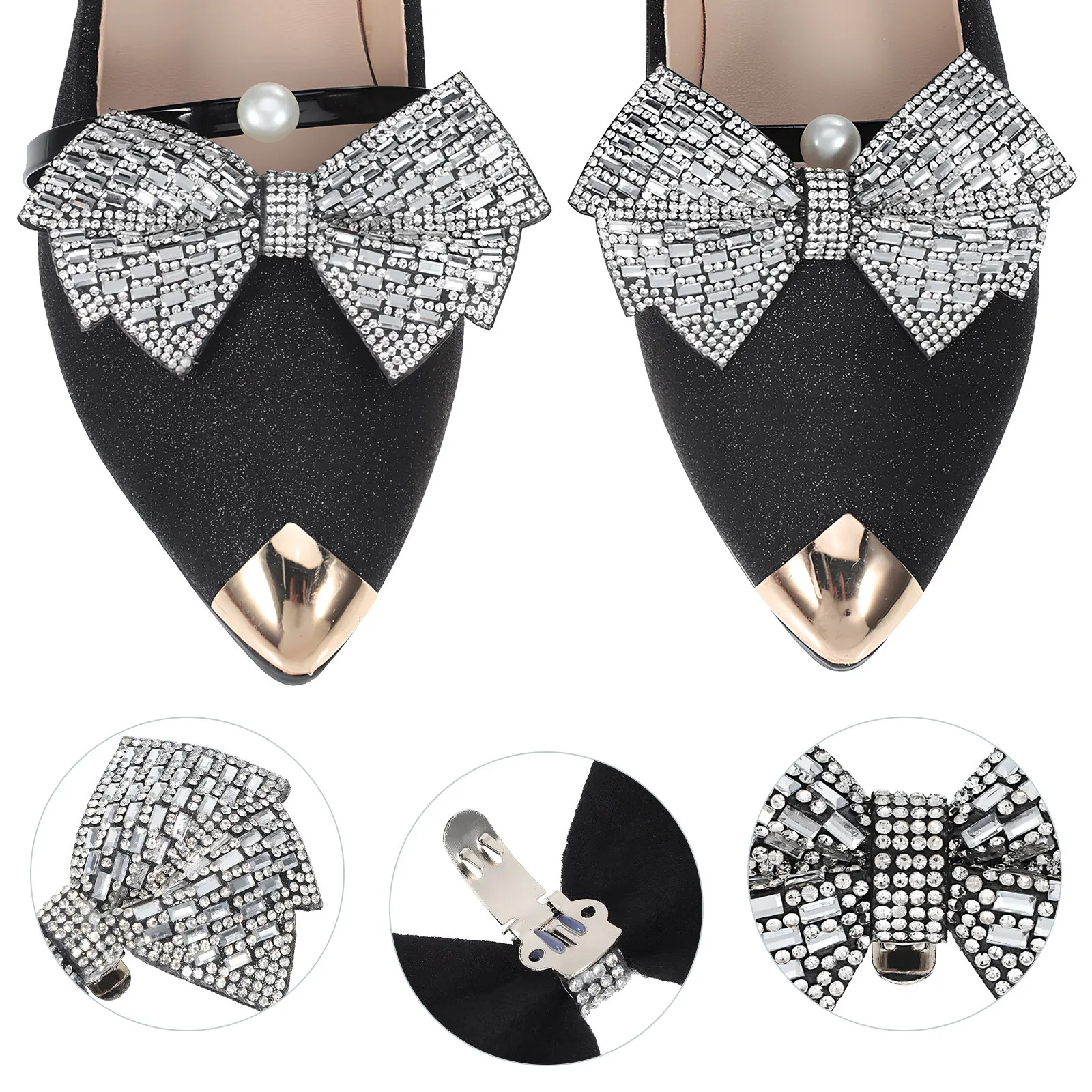 2Pcs Decorative Shoe Clips Bow Rhinestone Shoe Charms for Heels Flats Pumps Bridal Accessories Heel Clips Shoes Bow Applique