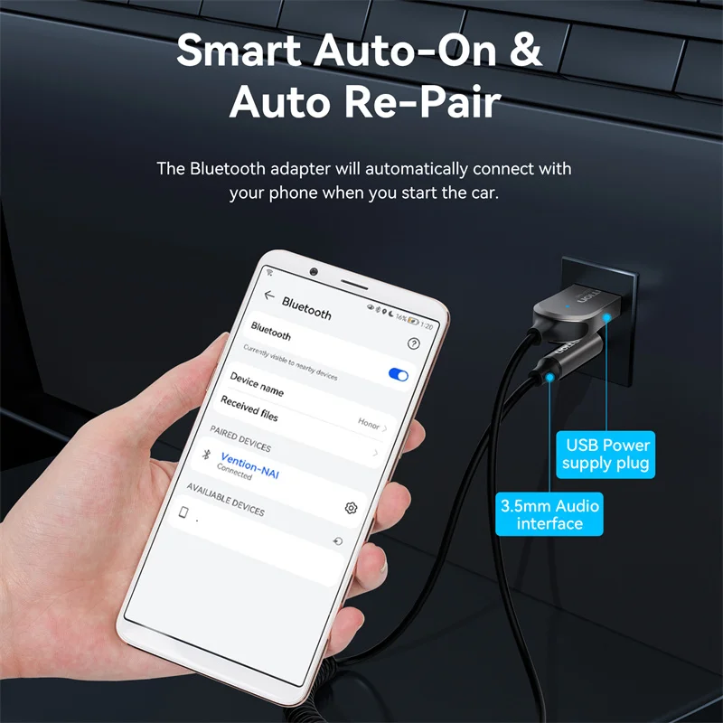 Vention-adaptador auxiliar Bluetooth 5,4 para coche, receptor inalámbrico con Bluetooth, conector USB a Jack de 3,5mm, Audio, música, micrófono,