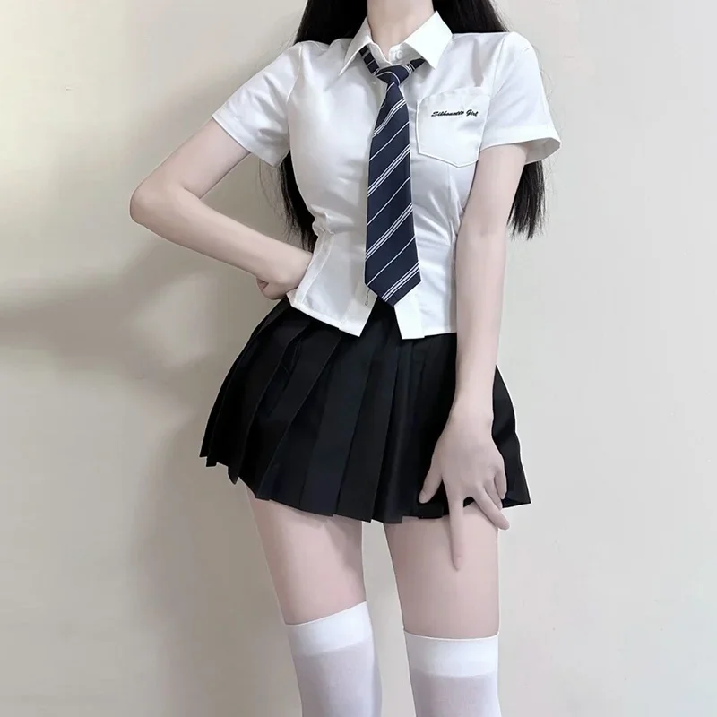 Jk Uniform Pure Desire Gyaru Preppy All-Match Waist Hugging Koszule z krótkim rękawem Kobiety Slim fit Wyszczuplająca biała koszula Letni zestaw